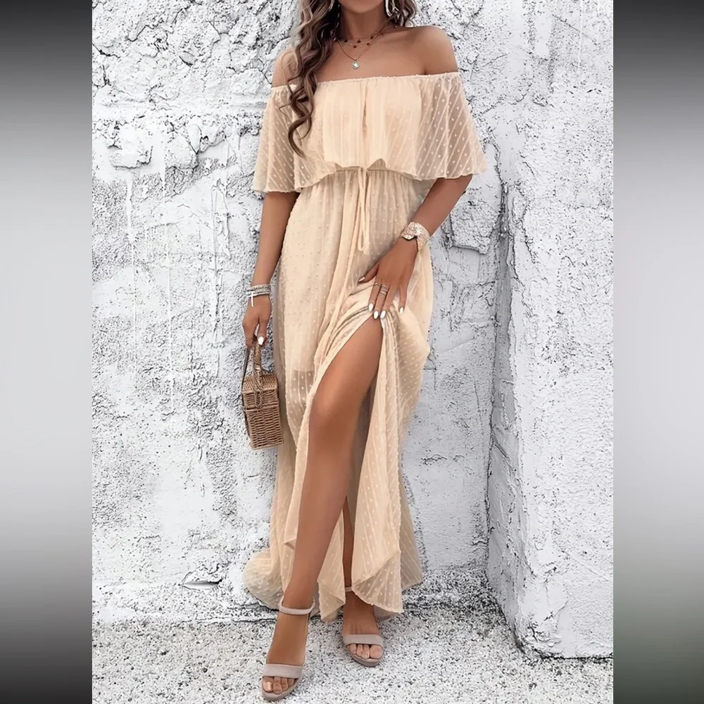 Cream Ruffled Off-Shoulder Maxi Sundress - Picture 2 of 11